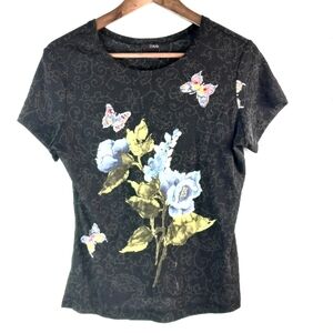 Linq S Butterfly Gemstone Beaded Capped Sleeve Pullover Top in Black
